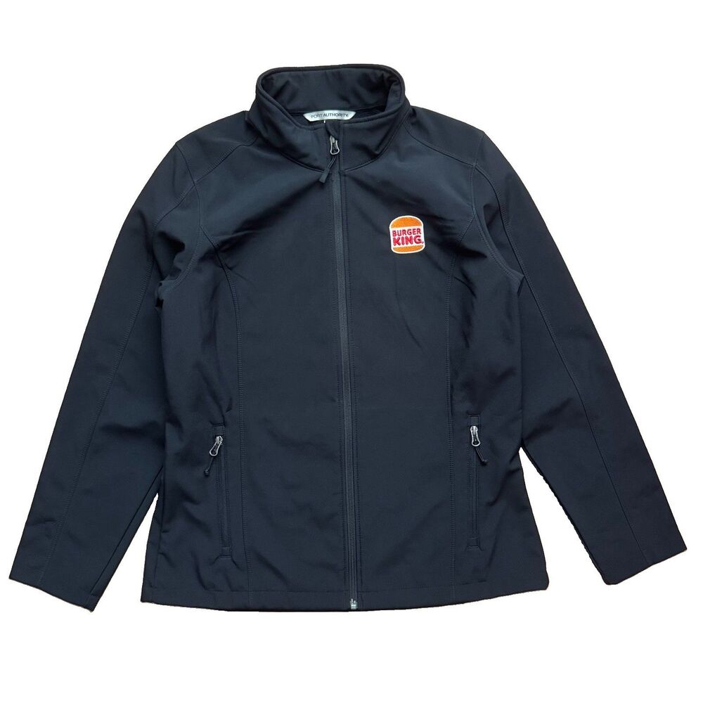Burger King Womens Size L Softshell Jacket Full Zip Logo Pockets Black